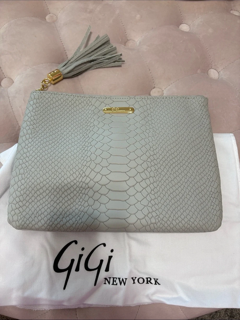 GiGi New York Light Grey Python-Embossed Leather Clutch with Tassel